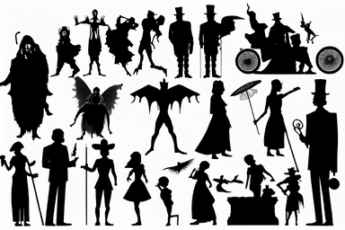 silhouettes of soldiers, priests, devils, fauns, angels, jugglers, cops, clowns, madmen. Bizarre, whimsical, random, victorian, theatrical, funny. Black and white clipart collection, white background