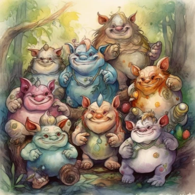 A bunch of Mystical magical cute Ogres in a Magical Forest full of whimsical nature Clipart, Fantasy Art, Fairy Tale Art, cloroful Watercolor