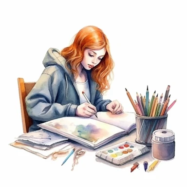 watercolor style, teenage girl learning at the perfectly organized desk, realistic, clipart, isolated on white background, 4K