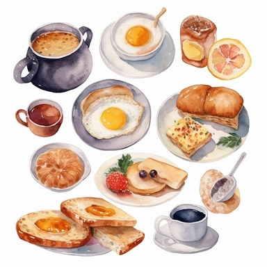 English breakfast food elements, watercolor, clipart, minimalist, isolated white background, 8k