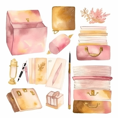 hand drawn docment, collection of document clipart, isolated white background, single design, sharp, bold , sweet pink, cream, gold, hand-painted watercolor