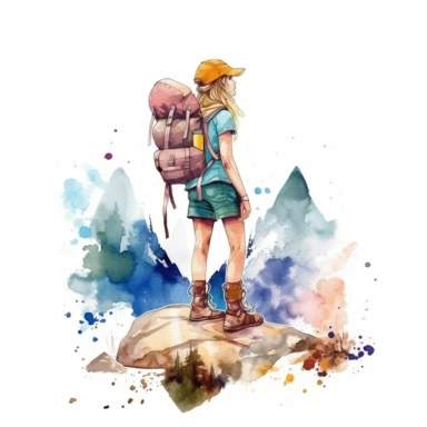 watercolor hiking girl on mountain clipart, isolated on white background