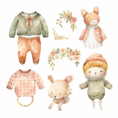 CLIPART, cute boho vintage watercolor baby clothes, newborn, nursery, maternity, texture