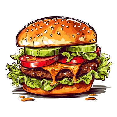 Picture a scrumptious hamburger clipart that has been hand-drawn with mouthwatering detail. This image showcases a freshly grilled patty nestled between fluffy, lightly toasted buns, with layers of crisp lettuce, juicy tomatoes, melting cheese, and a hint of tangy sauce peeking out. The warm colors are so vivid that you can almost smell the sizzling patty. Set against a clean, white background, this delectable hamburger clipart would be an appetizing addition to any project.