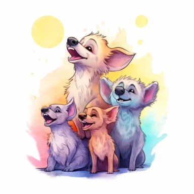 group of cute hyenas, howling at the moon in perfect harmony, their voices carrying through the night, vibrant pastels, clipart, on a white background