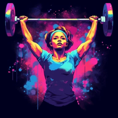 T shirt design, female olympic weightlifting lifting the barbell above head, gym, equipment, lights, clipart
