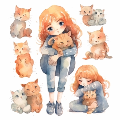 multiple poses characters of a girl hug her cat , watercolor in cartoon grunge style clipart on white background