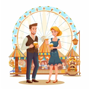 German man in lederhosen and woman in dirndl toast with one mug of beer at the oktoberfest with the ferris wheel in the background, clipart, white background