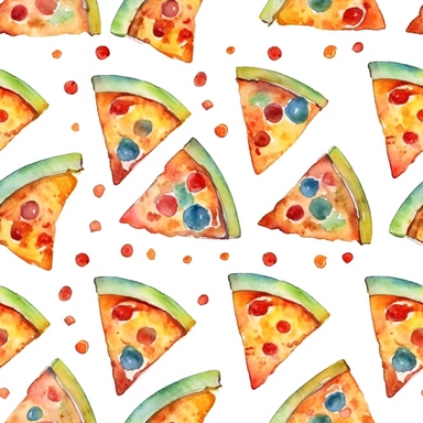 seamless pattern of symmetrical (watercolor clipart pizza slices), colored background