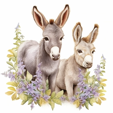 cute but realistic color pencil sketch clipart. baby donkeys, sitting in the flowers
