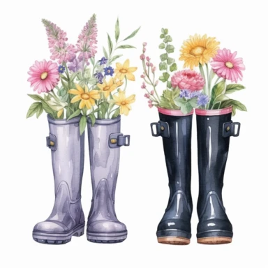 watercolor, Flowers in rubber wellies set. Floral branches, plants with gentle blooms, and leaves in gum boots. Gumboots with delicate summer bouquets png Full body realistic cartoon in 32K UHD cute. 15 cm thick outline. Black color. There was no shadow on the ground. 8k with realistic watercolors and detailed illustrations. PNG clipart, transparent white background
