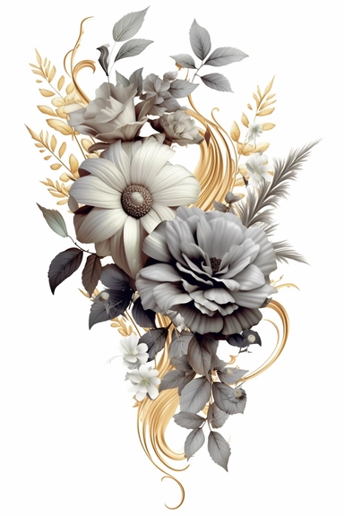 flower corner freebie floral border clipart, in the style of black and white realism, gold and gray, uhd image, tattoo, monochromatic paintings, contemporary fairy tale, eye-catching detail