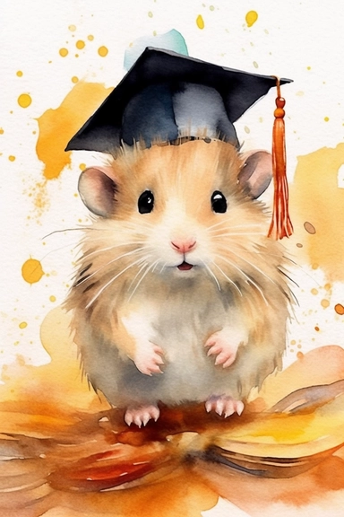 Create a watercolor clipart picture of a cute and happy hamster wearing a graduation cap. The hamster should have an adorable and delighted expression, with its fur depicted in soft watercolor textures. The graduation cap should be adorned with a tassel and placed on the hamster's head. Surround the hamster with celebratory elements such as confetti, balloons, and diplomas.