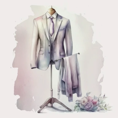 watercolour , delicate wedding men suit on hanger or mannequin, full length, high quality, delicate lines and colours, 4k, high details of image, clipart, white background