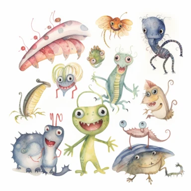 Against a pristine white background with delicate borders sits a group of peculiar creatures straight out of a children's watercolour clipart. These creatures are medium-sized in body, but their large, curious, friendly eyes are what really set them apart. Each of them is unique, with different shapes and colours, but they all have a mischievous twinkle in their eye. The illustrations are reminiscent of Edward Gorey's famous 2D style and capture both the cuteness and exuberance of these creature