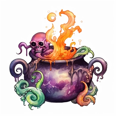 hand drawn black cauldron with bubbling potion, large bone in the cauldron, an octopus tentacle coming out of cauldron and hanging on the side, Halloween, purple orange and green shades, fantasy, glamorous, clipart style, detailed and realistic, watercolor, white background with margins