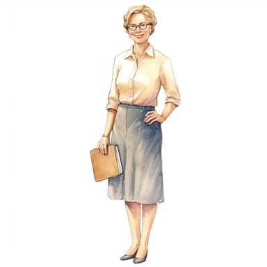 watercolour clipart of a beautiful woman class teacher, full length, high quality, very high details , white background