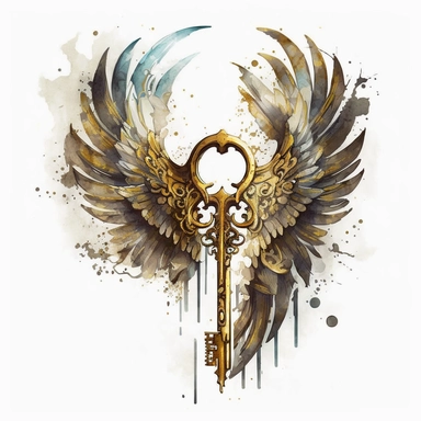 golden key with wings, watercolor clipart, white background, high detail