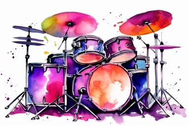 colorful vibrant neon drum set, watercolor clipart