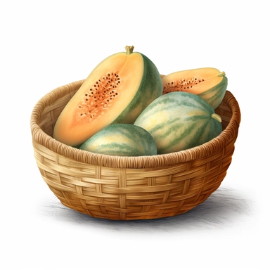 cantaloupe in a wooden basket, a vibrant water color clipart, realistic colors, white background, no text, no background