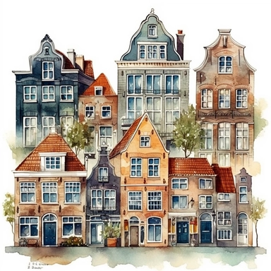 Dutch houses, clipart, watercolor, illustration