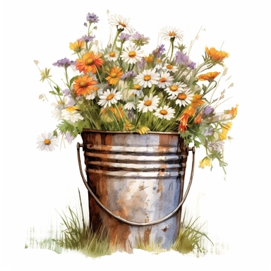 Bucket of Wildflowers Clipart, rusty, old in grass, white background