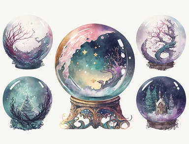 magical crystal ball, clipart, water color, deep colours, white background, border, watercolour illustration style, dreamy, 8k, intricate, illustration, detailed, png,