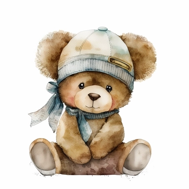 Watercolor brown fluffy jointed plain Teddy Bear clipart, wearing a white t-shirt, with a propeller beanie hat, happy, white back ground, no captions or text