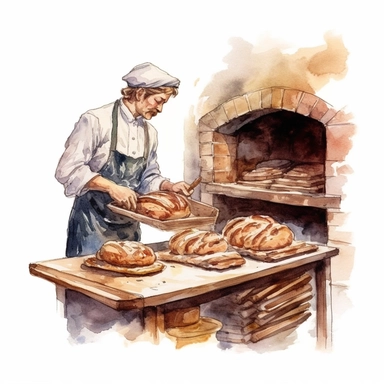 Clip art style, watercolour, baker taking bread out of oven