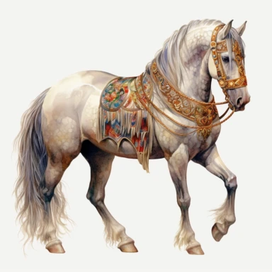 A female horse in the style of James Christensen, clipart, watercolor style, fantasy, ultra detailed, white plain background, single object, print on demand image, PNG transparent background, white background for removing background - - no text shadow font watermark, 8k