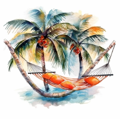 watercolor colorful clipart of a lazy hammock between palm trees, hd, on white background