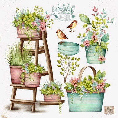 Spring Planters, springtime cute planter boxes and garden ladders, Sublimation Clipart, on a white background