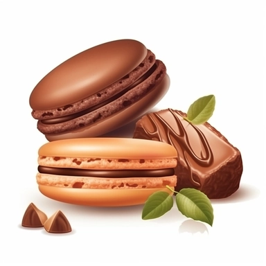 a macaron, a chocolate bar with hazzle nuts, airbrush style, isolate on white background, clipart, vector