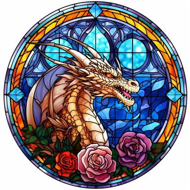 clipart on white background, stained glass dragon and flowers, i cant believe how beautiful this is, fantasycore, dragoncore, mysticalcore