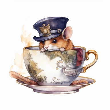 The Dormouse: A sleepy steampunk rodent falling asleep over a cup of tea, watercolor style, clipart, white background