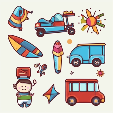 funky toys clipart transparent png download, in the style of nostalgic rural life depictions, simple geometry, colored cartoon style, line drawing style, sky-blue and maroon, lively movement portrayal, fujifilm neopan