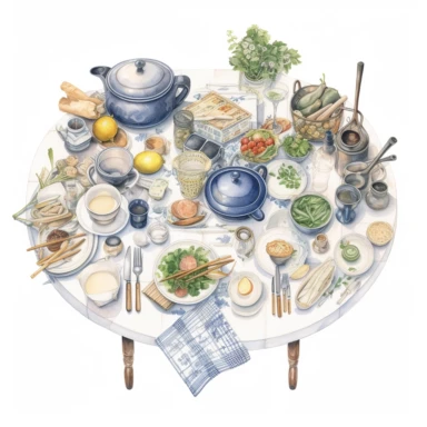 watercolor, hyper realistic, white background, white margins, 16k, ultra detailed clipart, cut out image, hand-drawn a kitchen table with various items on it, in the style of angela barrett,