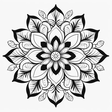 no shading. twig flower mandala. no shading. lines and dots. black. simple. clipart. white background