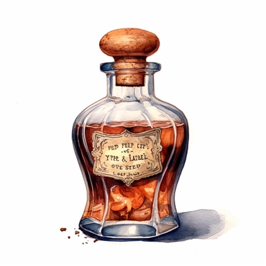 watercolor, hyper realistic, white background, white margins, 16k, ultra detailed clipart, cut out image, hand-drawn a vintage glass bottle with a cork stopper, filled with amber-colored liquid and a label that reads Elixir of Life.