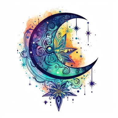Embark on a creative journey inspired by the mystical allure of the crescent moon and stars. Dive into the world of clip art creation, infusing it with a touch of the hippie spirit. Your goal is to design a captivating clip art image that embodies the free-spirited vibes and enchanting energy associated with the celestial wonders. Imagine a crescent moon gracefully adorned with intricate patterns and details, radiating a sense of peace and harmony. Let its gentle curve and ethereal glow captivat