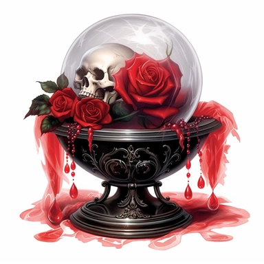 vintage witchy crystal ball with red smoke sitting on desk with red roses, set against a white background,clipart,witchcore,gothic,by Froud Thomas kinkade Nadja Baxter Anne Stokes Nancy Noel