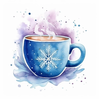 watercolor clipart of a cute charming cup of tea, sparkles, winter wonderland vibes, isolated on white background