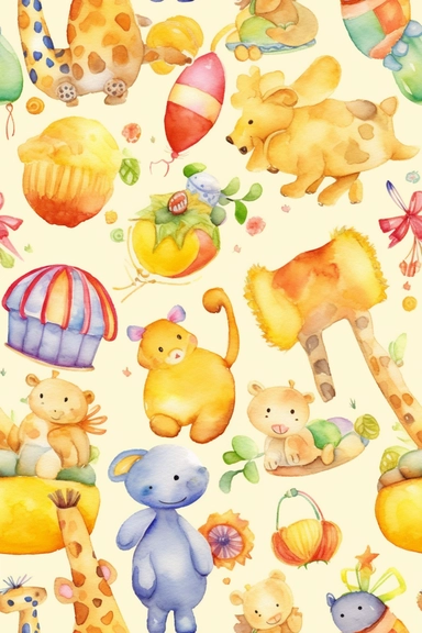 A delightful watercolor clipart seamless pattern featuring whimsical baby toys and accessories (medium: digital illustration)(style: inspired by the works of Beatrix Potter and Margaret Tarrant)(lighting: bright and cheerful with bold contrasts)(colors: vibrant hues of yellow, orange, and purple)(composition: a repeating pattern of fun baby items, such as mobiles, rattles, and teethers, with a watercolor effect that adds a whimsical touch, captured with a high-quality camera and a wide-angle len