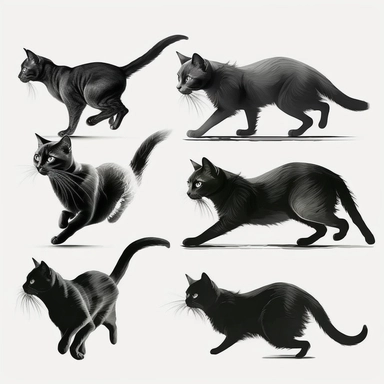 collection black cat in profile, running, clipart, white background