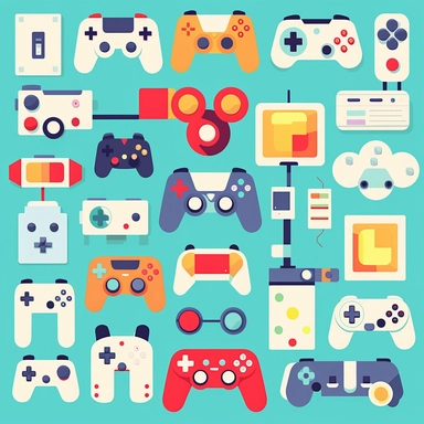 Gamepads vector clipart, vector cute collection, in the style of# screenshotsaturday, light blue soft pastel background, flat areas of color, flat color blocks, 1970–present, rough - edged 2d animation, lightbox, colorful animation stills, high quality clipart, front view