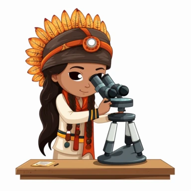 Clipart of a student wearing a Native American-inspired costume using a microscope, white background
