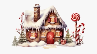 Watercolour illustration, Christmas scene, brown chocolate house with red and white candy, fairy tale, dark wooden fairy tale door and window, red and white candy canes and lollipops, clipart, sublimation graphics, by Beatrix Potter, watercolour clipart, unique design, print on demand image, transparent PNG background, white background, 8k