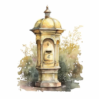clipart, regency mailbox, frontview, muted yellow color, watercolor, full color on white background