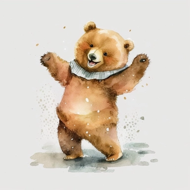 dancing little bear watercolor clipart, cute, smiling, white background, animated, without texts