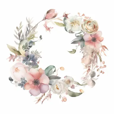 watercolor floral wreath on white background, in the style of muted and subtle tones, intricate floral arrangements, uhd image, subtle realism, asymmetrical framing, fawncore, wedding clipart, floral accents, no background